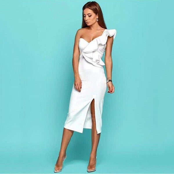 Ruffle Flounce One Shoulder Form Fitting Bodycon 2020 new Summer Dress Slim Solid Women Dress Formal Evening Party Split Dress