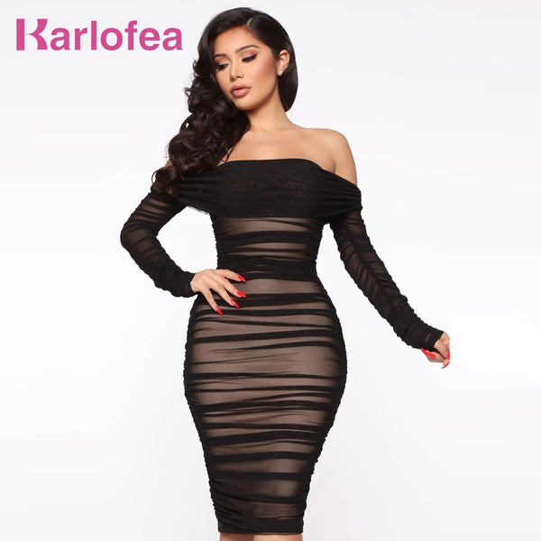 Karlofea Office Lady New Off Shoulder Ruched Dress Sexy Long Sleeve Bodycon Mesh Midi Dress Simple Elegant Daily Outfit Vestidos