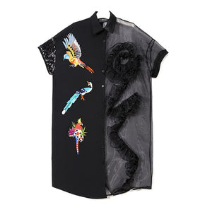 2020 Summer Women Black Midi Mesh & Chiffon Shirt Dress Plus Size Ruffle Bird Embroidery Ladies Sheer Cute Party Dress Robe 3392