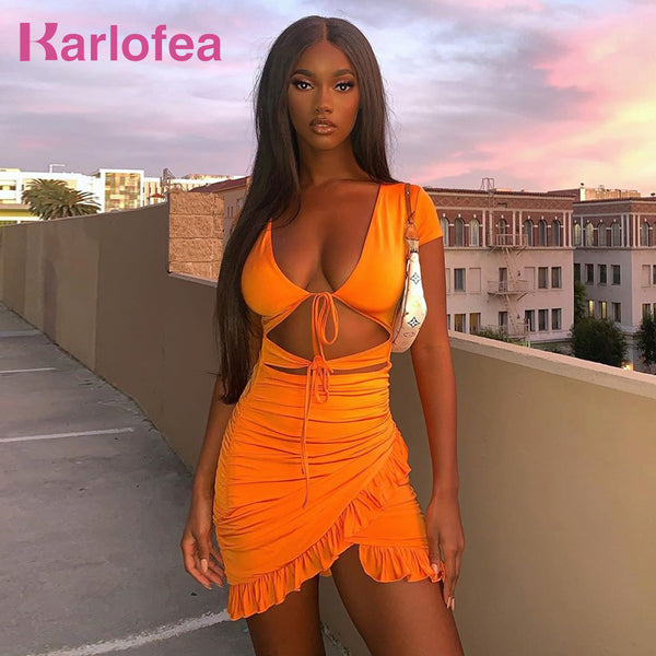 Karlofea New 2020 Summer Orange Everyday Wear Mini Dress Sexy High Cut Hollow Out Lace Up Ruched Wrap Dress Chic Ruffles Outfits