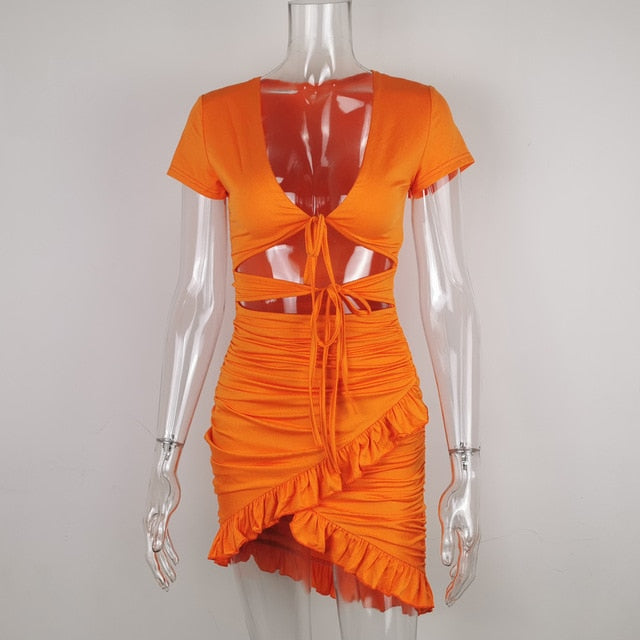 Karlofea New 2020 Summer Orange Everyday Wear Mini Dress Sexy High Cut Hollow Out Lace Up Ruched Wrap Dress Chic Ruffles Outfits