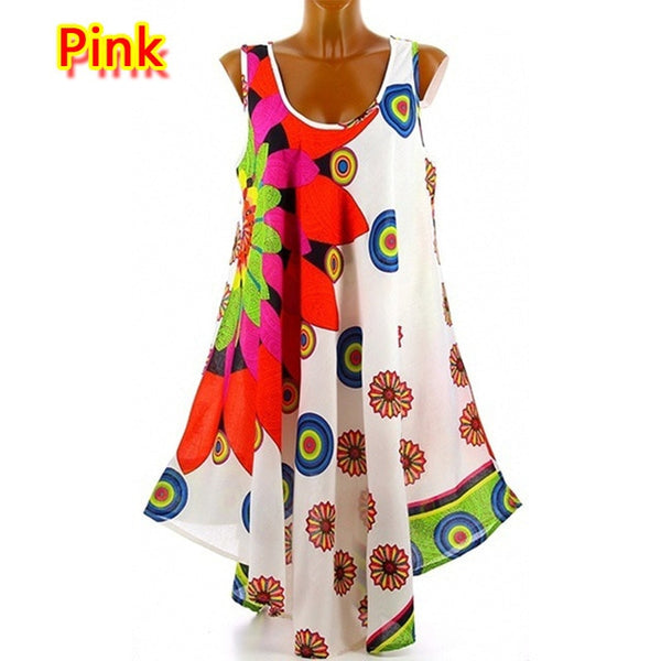 S-5XL Casual Women Summer 2020 Sleeveless Loose Sexy Dress Chiffon Printed Irregular Big Swing Short Beach Dress Summer Femme