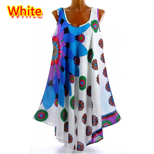 S-5XL Casual Women Summer 2020 Sleeveless Loose Sexy Dress Chiffon Printed Irregular Big Swing Short Beach Dress Summer Femme