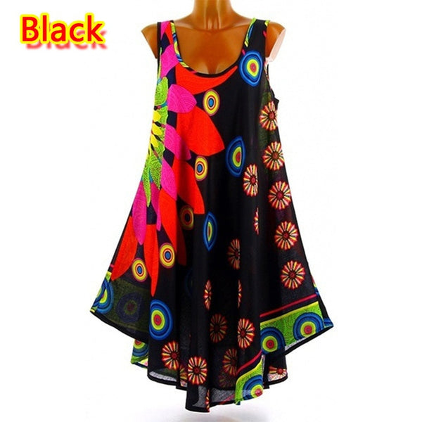 S-5XL Casual Women Summer 2020 Sleeveless Loose Sexy Dress Chiffon Printed Irregular Big Swing Short Beach Dress Summer Femme