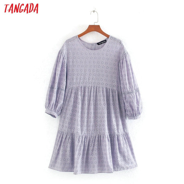 Tangada women elegant purple embroidery dress short sleeve females summer cotton dresses vestidos CE263