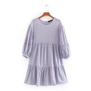 Tangada women elegant purple embroidery dress short sleeve females summer cotton dresses vestidos CE263