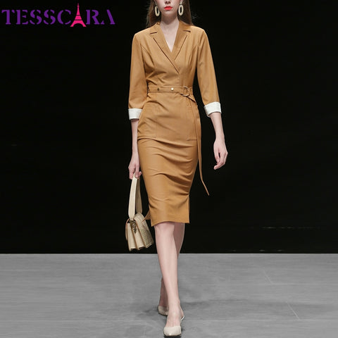 TESSCARA Women Elegant Blazer Trench Dress Festa High Quality Office Cocktail Party Robe Femme Vintage Designer Pencil Vestidos