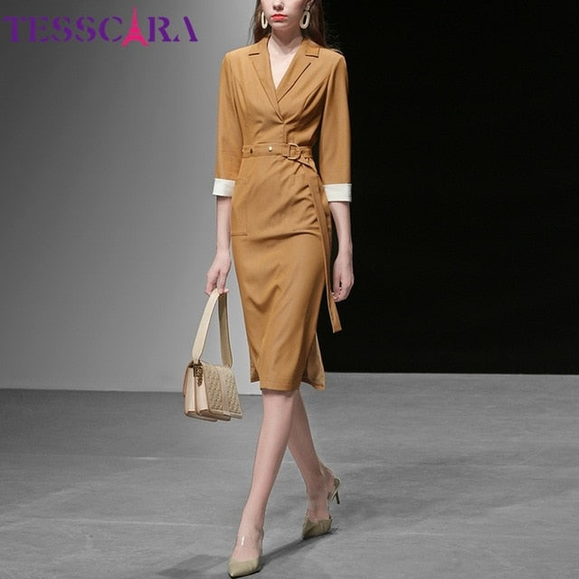 TESSCARA Women Elegant Blazer Trench Dress Festa High Quality Office Cocktail Party Robe Femme Vintage Designer Pencil Vestidos