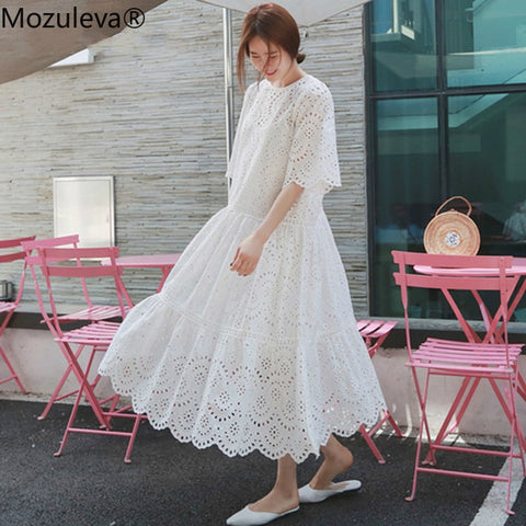 Mozuleva 2020 New Hollow Out Lace Dress Summer Elegant Beach Dress Female with Spaghetti Strap Vest+Summer Dresses Two Piece Set