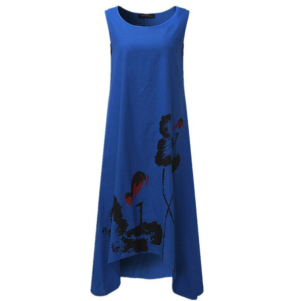 ZANZEA Linen Dress Women Summer Dresses Sleeveless Ink Painting Cotton Vestidos Ladies Mid Calf Vestido Womens Plus Size Dresses