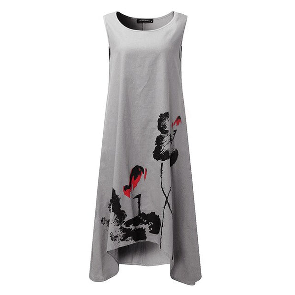 ZANZEA Linen Dress Women Summer Dresses Sleeveless Ink Painting Cotton Vestidos Ladies Mid Calf Vestido Womens Plus Size Dresses