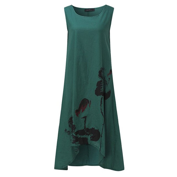 ZANZEA Linen Dress Women Summer Dresses Sleeveless Ink Painting Cotton Vestidos Ladies Mid Calf Vestido Womens Plus Size Dresses