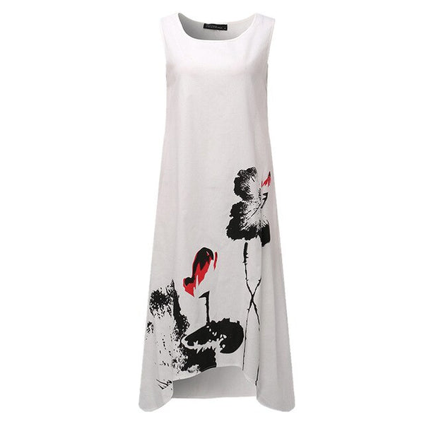 ZANZEA Linen Dress Women Summer Dresses Sleeveless Ink Painting Cotton Vestidos Ladies Mid Calf Vestido Womens Plus Size Dresses