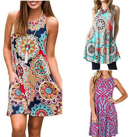 Summer Dress Women Print Sleeveless office Dress O neck Casual party Loose Mini beach Dresses Vestidos