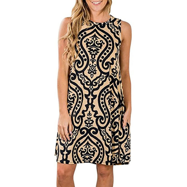 Summer Dress Women Print Sleeveless office Dress O neck Casual party Loose Mini beach Dresses Vestidos