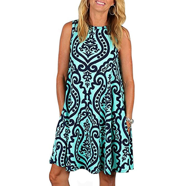 Summer Dress Women Print Sleeveless office Dress O neck Casual party Loose Mini beach Dresses Vestidos