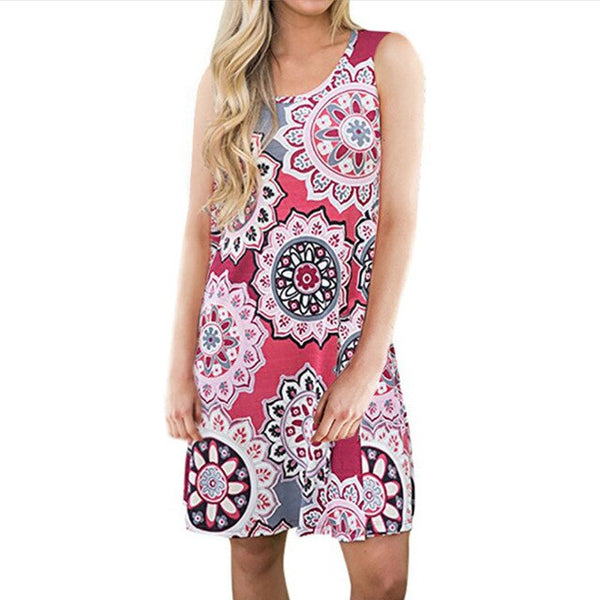 Summer Dress Women Print Sleeveless office Dress O neck Casual party Loose Mini beach Dresses Vestidos