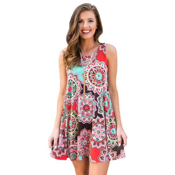 Summer Dress Women Print Sleeveless office Dress O neck Casual party Loose Mini beach Dresses Vestidos