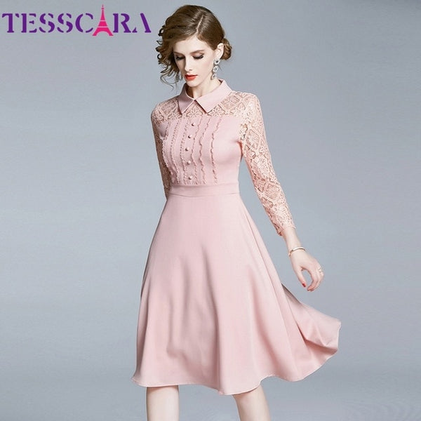 TESSCARA Women Spring Elegant Pink Lace Dress Shirt High Quality Vintage Cocktail Party Robe Femme Designer Office Vestidos