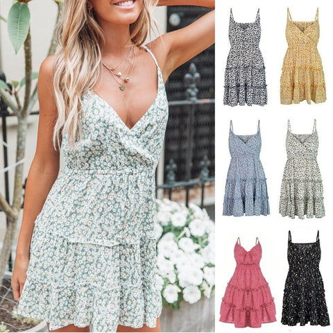 Sexy Suspenders Small Floral V-neck Dress Women's Clothing Beach Print Dress