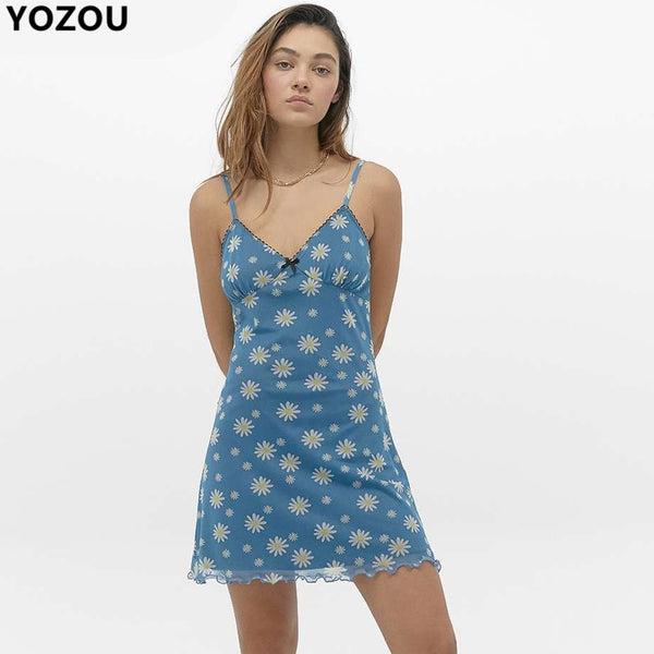 Women summer e girl blue spaghetti strap mini dress short dress mesh dress lace bow Daisy Flower Sexy Deep V-Neck Sling Dress