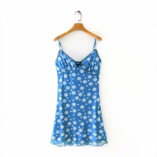 Women summer e girl blue spaghetti strap mini dress short dress mesh dress lace bow Daisy Flower Sexy Deep V-Neck Sling Dress