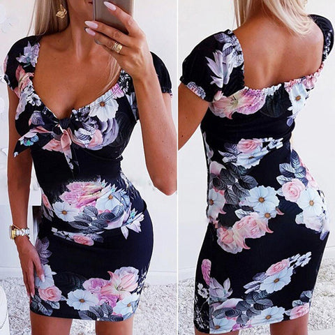 Women's Sexy Deep V Printed Short Dress Slim-Fit Hip Dress Rose Floral Printed Dress