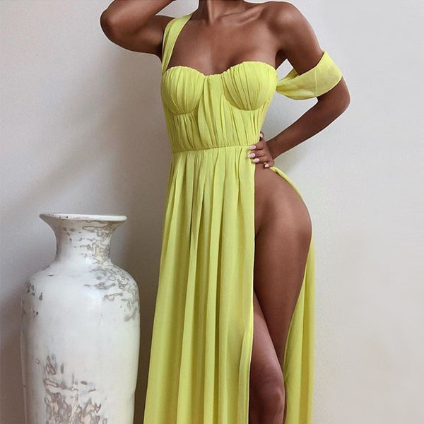 Pofash New Neon Green Chiffon Maxi Long Dress Off Shoulder Heart Cut Party Dress High Waist Slit Floor Length Beach Summer Dress