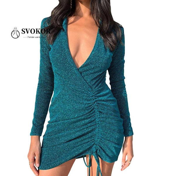 SVOKOR Shiny Drawstring Long Sleeve Dress Women Elegant Deep V-Neck Bodycon Dress Package Hip Sexy Party Club Clothes Women