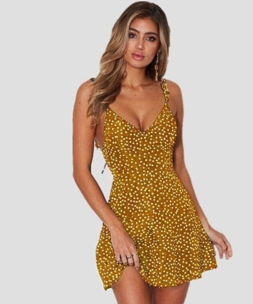 2020 Fashion Boho Summer Women Casual High Waist Dot Printing Sexy Strappy Mini Dress Beach Backless Bandage Sleeveless Dresses