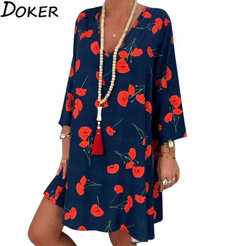 2020 Spring Summer Office Plus Size Dress Women Floral Print V-neck Long Sleeve Mini Dress Elegant Woman Loose Casual Dresses