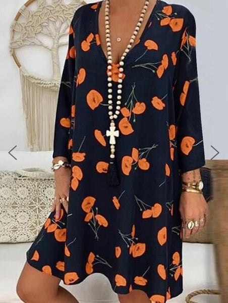 2020 Spring Summer Office Plus Size Dress Women Floral Print V-neck Long Sleeve Mini Dress Elegant Woman Loose Casual Dresses