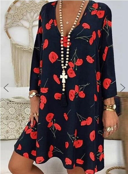 2020 Spring Summer Office Plus Size Dress Women Floral Print V-neck Long Sleeve Mini Dress Elegant Woman Loose Casual Dresses