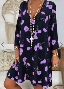 2020 Spring Summer Office Plus Size Dress Women Floral Print V-neck Long Sleeve Mini Dress Elegant Woman Loose Casual Dresses