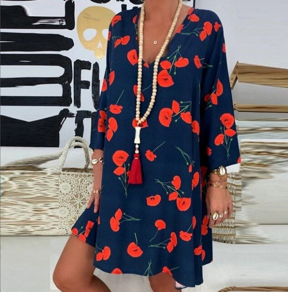 2020 Spring Summer Office Plus Size Dress Women Floral Print V-neck Long Sleeve Mini Dress Elegant Woman Loose Casual Dresses