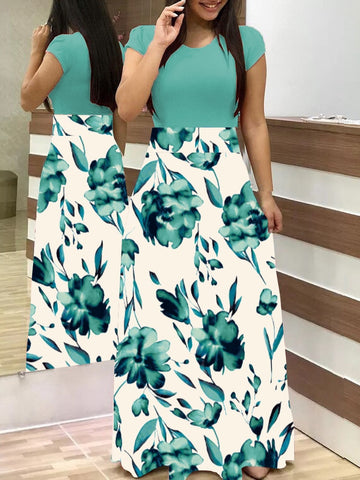 S-5XL Women Robe Summer 2020 Maxi Dress Short Sleeve Patchwork Printed Long Boho Dress High Waist Plus Size Summer Dress Femme