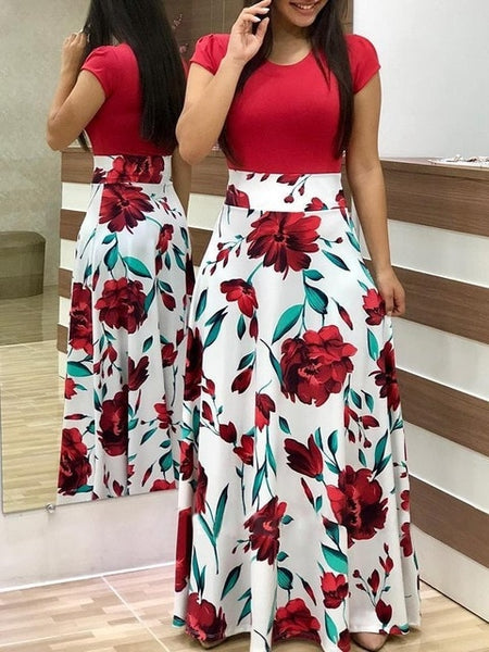 S-5XL Women Robe Summer 2020 Maxi Dress Short Sleeve Patchwork Printed Long Boho Dress High Waist Plus Size Summer Dress Femme