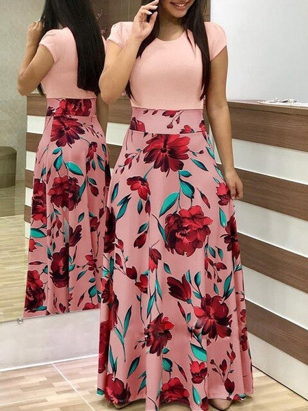 S-5XL Women Robe Summer 2020 Maxi Dress Short Sleeve Patchwork Printed Long Boho Dress High Waist Plus Size Summer Dress Femme