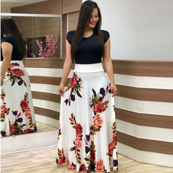 S-5XL Women Robe Summer 2020 Maxi Dress Short Sleeve Patchwork Printed Long Boho Dress High Waist Plus Size Summer Dress Femme