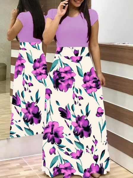 S-5XL Women Robe Summer 2020 Maxi Dress Short Sleeve Patchwork Printed Long Boho Dress High Waist Plus Size Summer Dress Femme