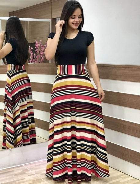 S-5XL Women Robe Summer 2020 Maxi Dress Short Sleeve Patchwork Printed Long Boho Dress High Waist Plus Size Summer Dress Femme