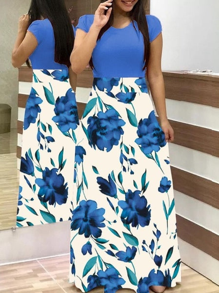 S-5XL Women Robe Summer 2020 Maxi Dress Short Sleeve Patchwork Printed Long Boho Dress High Waist Plus Size Summer Dress Femme