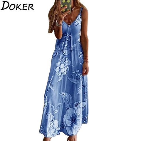 Sexy Women Long Dress Summer Print Vintage Woman Clothes Sleeveless V-neck Elegant Strap Dresses Casual Plus Size Maxi Dress