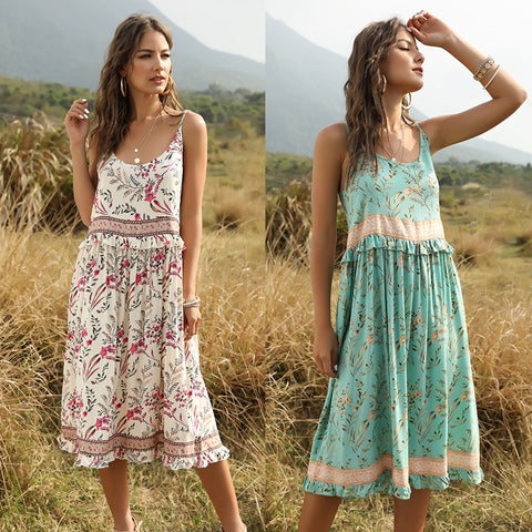 Summer Boho Slip Dress Women 2020 Vintage Patchwork Floral Print Beach Ruffle Off Shoulder Midi Dresses Sundress Robe Vestidos