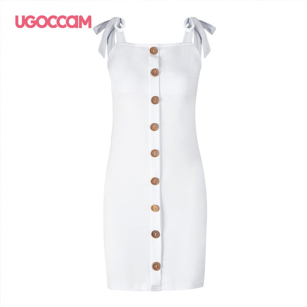 UGOCCAM Sexy Dress Sleeveless Suspenders Women Dress Slash Neck Hips Summer Dress 2020 Single Buttons Ladies Sundress Vestidos