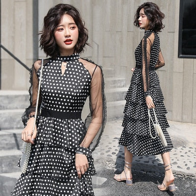 Fashion new chiffon dress transparent long-sleeved polka dot dress ladies elegant temperament long dress